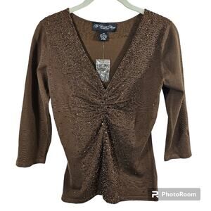 My Favorite Things Colleen Lopez Brown Beaded V- Neck Sweater XS